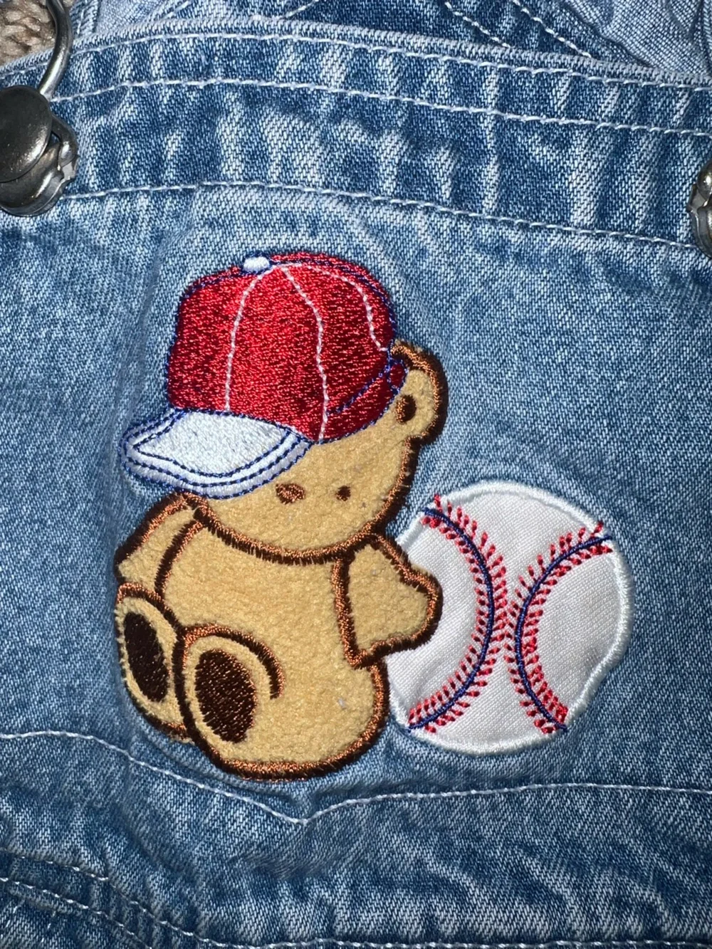 Vintage Y2K Cute 90’s Class Club Baby 9m Denim Overalls Teddy Baseball Patch